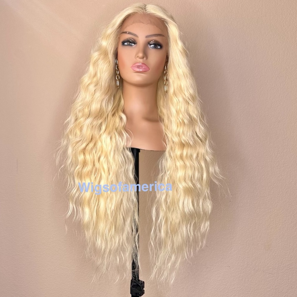Blonde wig 26 inch long wavy layered heat ok lace front middle part